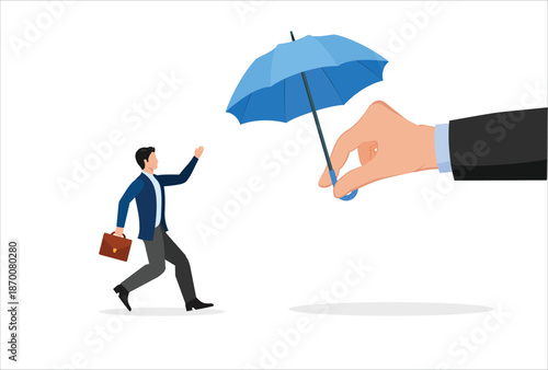 icon logo sign work buy insurance for future security, happy man receives umbrella from big businessman hand