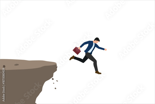 Business dumb, mistake, silly or self sabotage idea, bad decision in risky situation causing business failure concept, dumb thoughtless businessman jump off the cliff killing himself.