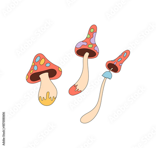 Groovy psychedelic mushroom cartoon sticker in a retro and colorful fantasy style. Magic groovy element and trippy shroom add y2k flair. Funky design suits creative playful sticker use.