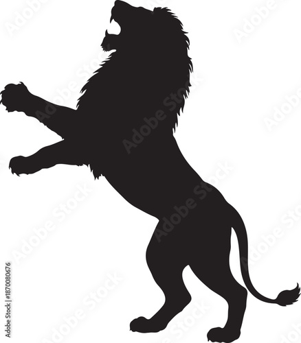 Powerful Roaring Lion Silhouette Standing on Hind Legs Isolated on White background