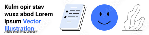 Digital communication, information sharing, education, minimalism, emotions, creativity. Blue happy face, text elements document and plant design. Digital communication and education concept