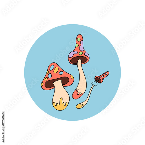 Groovy retro mushroom art in a colorful circle sticker. Emblem style shroom label sticker as magic package tag for box lid. Vibrant y2k mood, ideal for creative or trendy branding concepts.