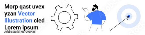 Male character gesturing towards a target, gear symbolizing teamwork, blue and grayscale palette. Ideal for business goal planning, strategy, productivity, project management, teamwork