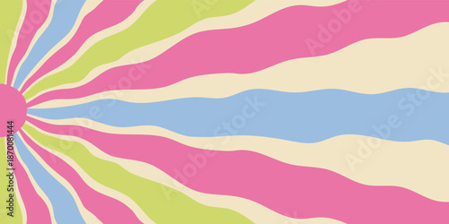 Groovy retro sun burst wave background with vibrant color flows in a unique y2k style. Sunshine and ray blend into a horizontal graphic that creates modern, lively mood for art or poster use.