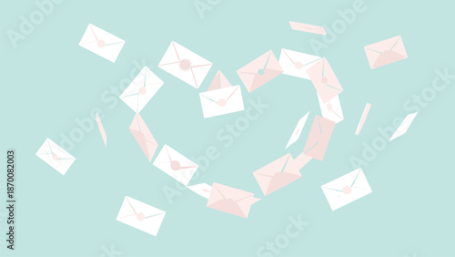 Heart Shape Formed by Flying Envelopes and Love Letters on a Soft Mint Green Background