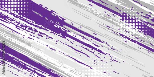 Abstract grunge brush art using the main colors of purple, gray and white background. Halftone small dots that create a sense of movement and energy. Vector illustration