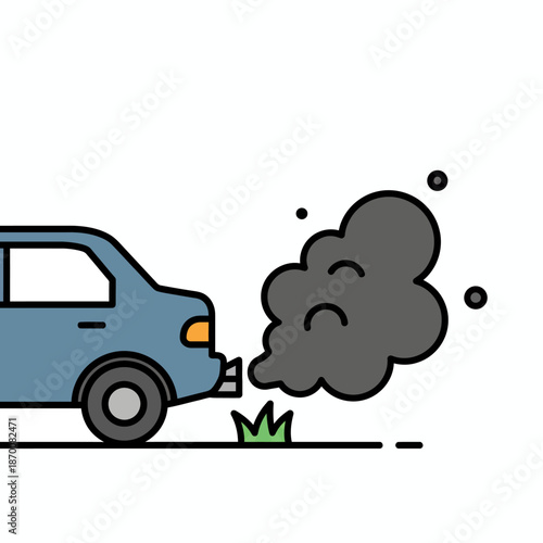 Isolated flat vector of car exhaust emissions, minimal style, bold lines, solid colors, white background.