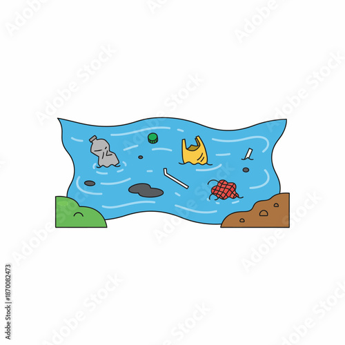 Isolated flat vector of polluted river with trash, simple composition, flat colors, white background, no shadow.