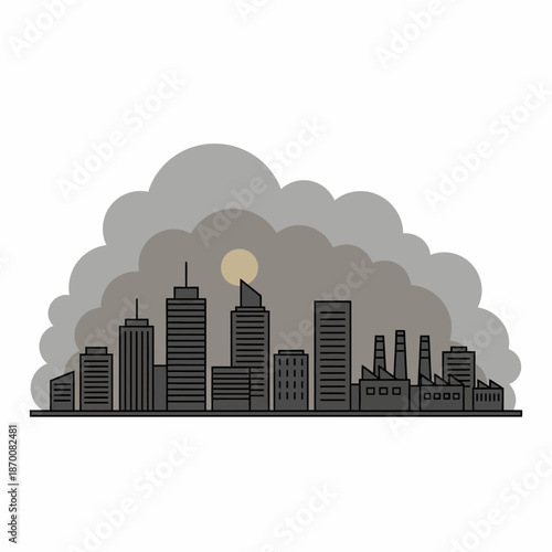 Isolated flat vector of polluted city skyline with smog, simple geometric shapes, white background.