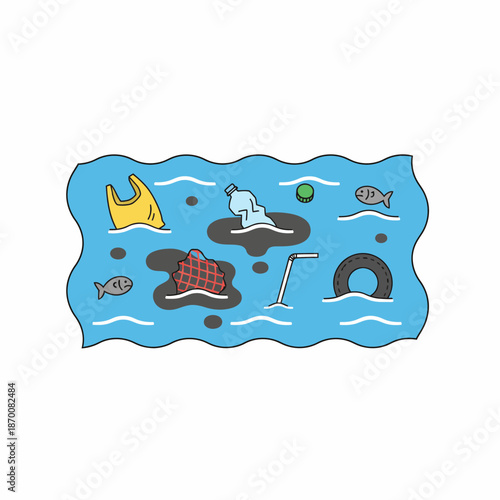 Isolated flat vector of polluted ocean with floating debris, minimal stock illustration, white background.