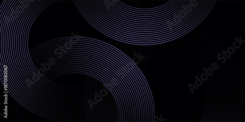 Black and purple violet circles dynamic banner with neon glowing bright shapes line design. Modern digital concept background. Light glowing circles line