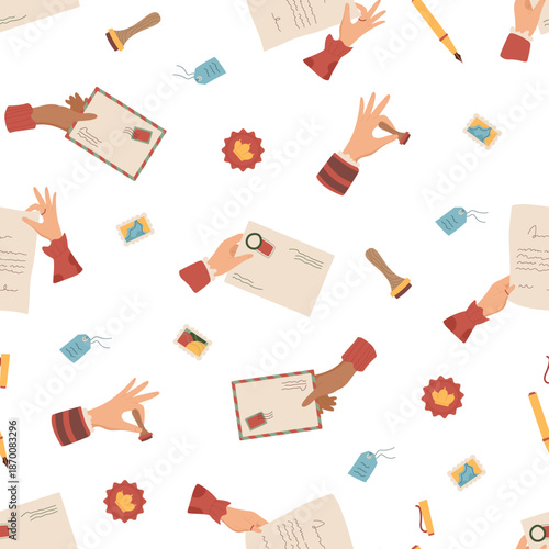 Mail seamless pattern flat background. Letter, envelope, and stamp with postmark create correspondence and document context. Postal pattern in modern style for paper, card, stationery use.