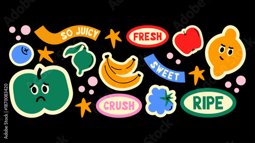 Groovy Y2K cartoon patches with hand-drawn doodle style. Retro labels, stamps and stickers in funky grunge 90s aesthetic. Modern promo vector set.