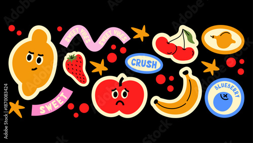 Funky Y2K doodle sticker collection. Retro cartoon patches, labels and tags with bold 90s grunge mood. Trendy vector elements for branding.