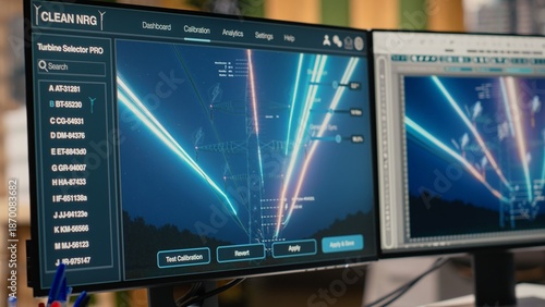 Digital power lines analytics dashboard displays performance data, supporting smart grid optimization. Workstation in office used to analyze sensor data from clean energy generator transmission tower