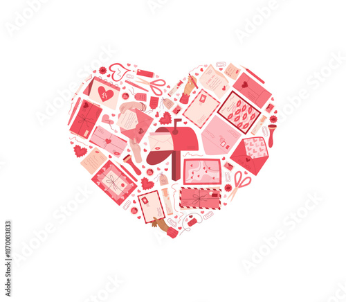 Heart love mail letter sticker flat icon style. Envelope and postcard card idea, valentine concept, romantic message theme. Creative correspondence, perfect for celebration or greeting use, visually