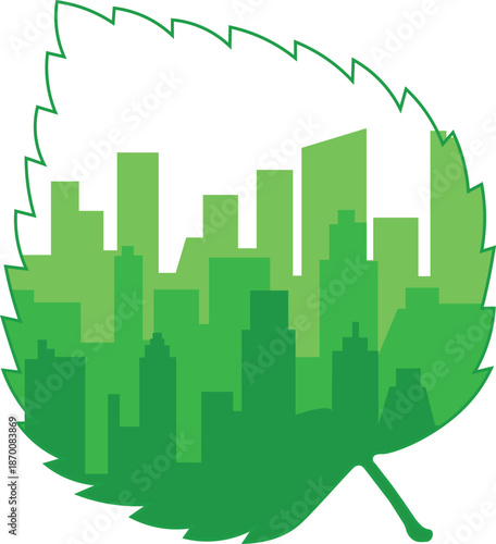 Green eco city silhouettes inside leaf shape on white background. Sustainable urban development and ecology concept.
