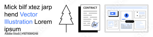 Business planning, environment, digital tools, contracts, analytics, dashboards. A contract document, tree icon and digital interface. Business planning and environmental concepts