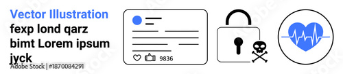 Data privacy, online identity, social media, cybersecurity, healthcare, digital concepts. Profile card, padlock with skull heart with heartbeat line. Data privacy and online identity
