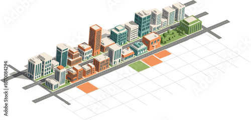 Modern Urban Landscape Isometric City Design Illustrating Architectural Development and Infrastructure Planning