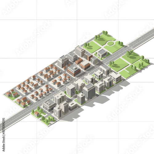 Detailed Isometric Cityscape Illustration Featuring Urban and Residential Buildings, Roads, and Green Parks for Urban Planning Concepts