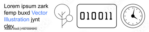 Data analysis, digital communication, sustainability, time management, modern technology, minimalistic design. Binary code, tree-thumbs up symbol, clock face placeholder text on a white background