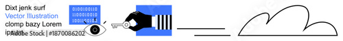Cybersecurity, data privacy, digital security, identity verification, online protection, cloud storage. Hand holding key, binary code eye and cloud symbols. Cybersecurity and data privacy concept