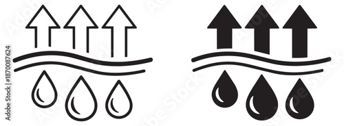 Outline and solid icon set featuring water drops and arrows representing breathability for textile and fabric properties