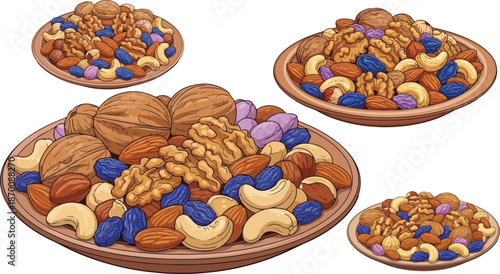 Assortment of delicious healthy mixed nuts including walnuts almonds cashews and raisins displayed in several wooden bowls on transparent background