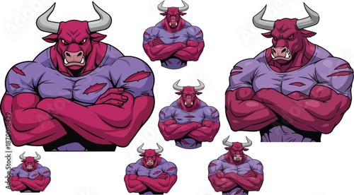 Collection of pixel art illustrations featuring a muscular, fierce, angry pink minotaur character with arms crossed on transparent background