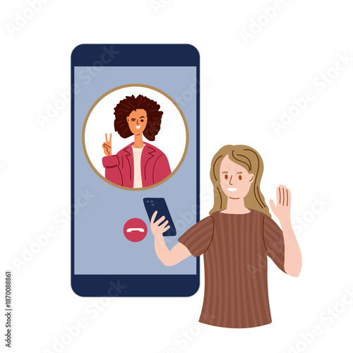 Conversations between daughter and mother on phone. Dialogue by mobile phone. Young energetic teenage girl on smartphone screen and her mom says hi to each other. Flat vector illustration isolated