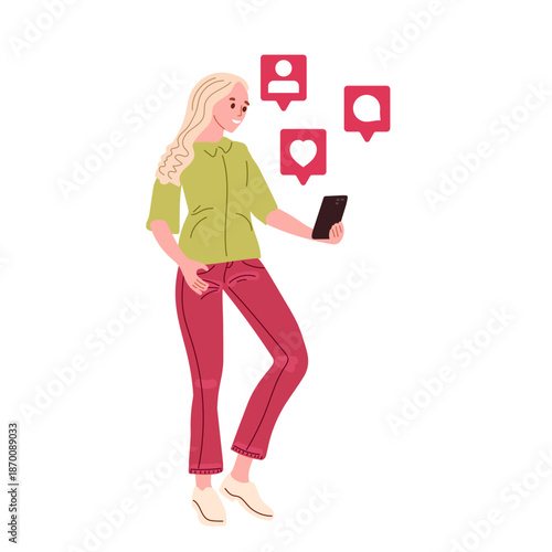 Blond woman holding smartphone. Red signs with heart, messages, avatars. Young girl looking at phone. Pastime in social networks. Internet addiction. Flat vector illustration isolated on white