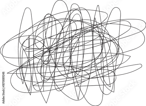 Chaotic abstract line art. Black curves isolated on transparent background