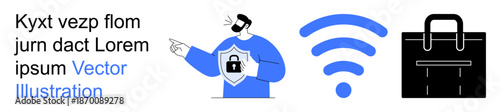 Cybersecurity, wireless technology, data security, online protection, digital services, secure networks. A person with a shield, wireless symbol and briefcase. Cybersecurity and wireless technology