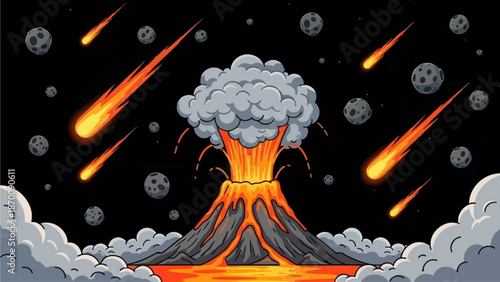 Volcanic Eruption in Space with Meteorites and Clouds