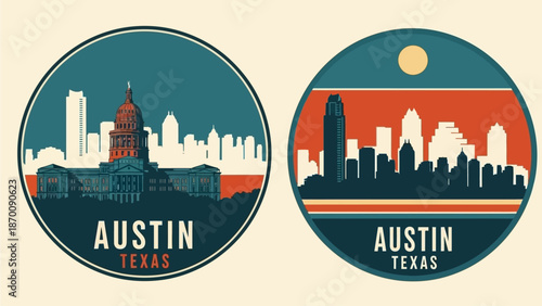Vibrant cityscape illustration of Austin Texas skyline with graphic design elements