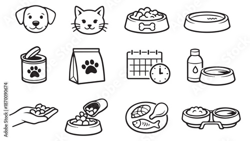 Hand drawn line art pet care icon set featuring dog and cat heads, food bowls, and feeding supplies for pet lovers and businesses