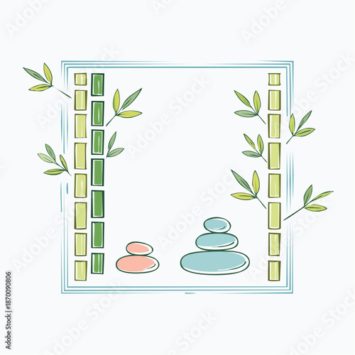 Serene Bamboo Border With Stacked Zen Stones And Delicate Leaves In Pastel Hues On White Background