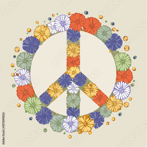 Colorful Floral Peace Sign Emblem with Small Blooming Flowers and Petals on a Pale Beige Background