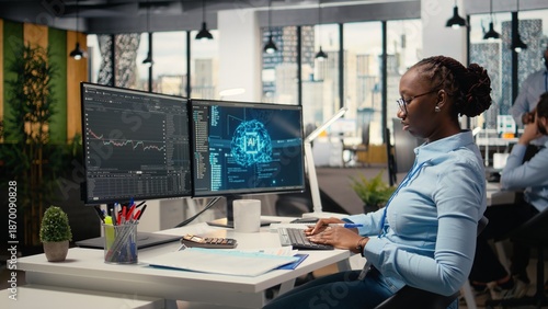Tableau sur toile Equity analyst uses AI for companies earnings research to assess stock market value, taking notes