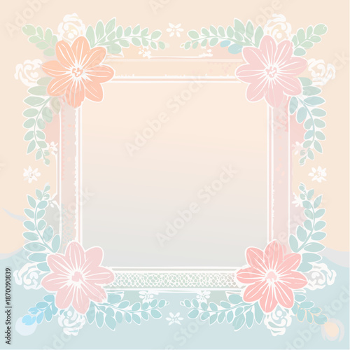 Soft Pastel Floral Frame with Delicate Leaves and Roses on a Gradient Background Perfect for Invitations or Decorations