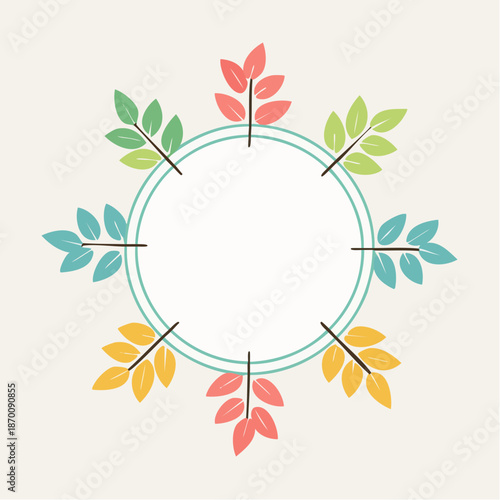 Circular Arrangement Of Colorful Autumn Leaves In A Repeating Pattern Around A Blank Center Circle Against A Light Beige Background With Subtle Texture
