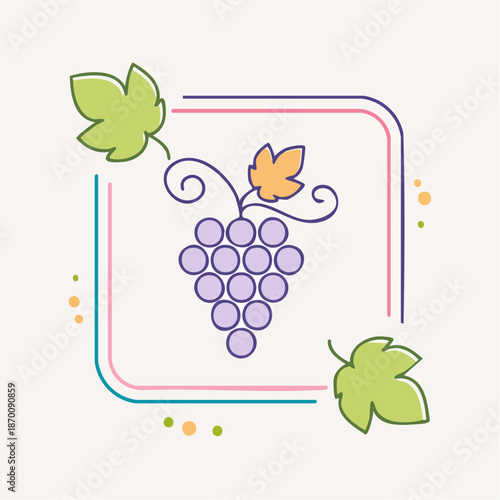Stylized Bunch of Purple Grapes With Green Leaves and Decorative Border on a Light Background