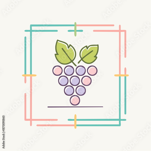 Minimalist Icon of a Cluster of Purple and Pink Grapes with Green Leaves on a Light Beige Background