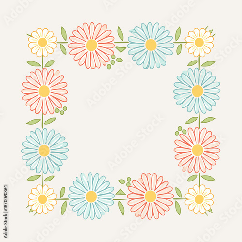 Floral Square Border Design With White Yellow Red And Blue Daisies On Light Cream Background And Green Leaves