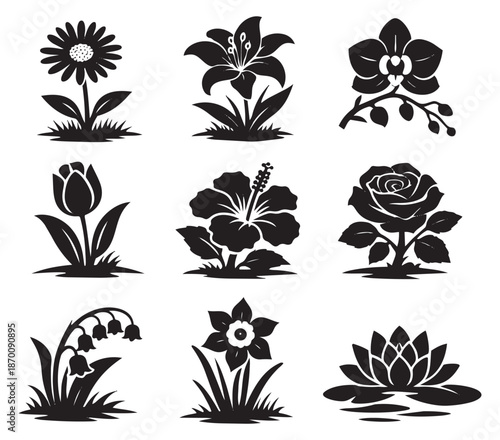 Silhouette floral set featuring popular garden and aquatic flowers for nature designs