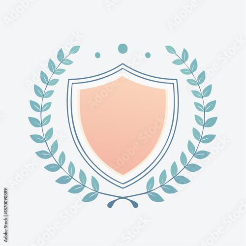 Blank Peach Shield Emblem With Blue Laurel Wreath And Decorative Dots On White Background Award Symbol