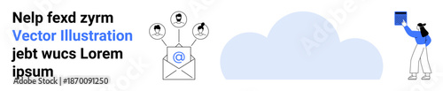 Email communication, cloud storage, social networking, data sharing, online messaging, secure connections. Envelope with user icons, cloud and person uploading data. Email communication and cloud