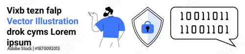Cybersecurity, data protection, online identity, encryption, technology communication. A person next to a shield with a lock and binary code in a speech bubble. Cybersecurity and data protection