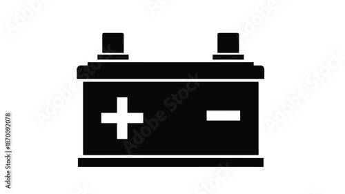 Simple black and white illustration of a car battery with positive and negative terminals